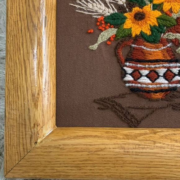Cottagecore Handmade Wooden Framed Flowers In Pitcher Crewel Embroidery Wall Art - Picture 10 of 17